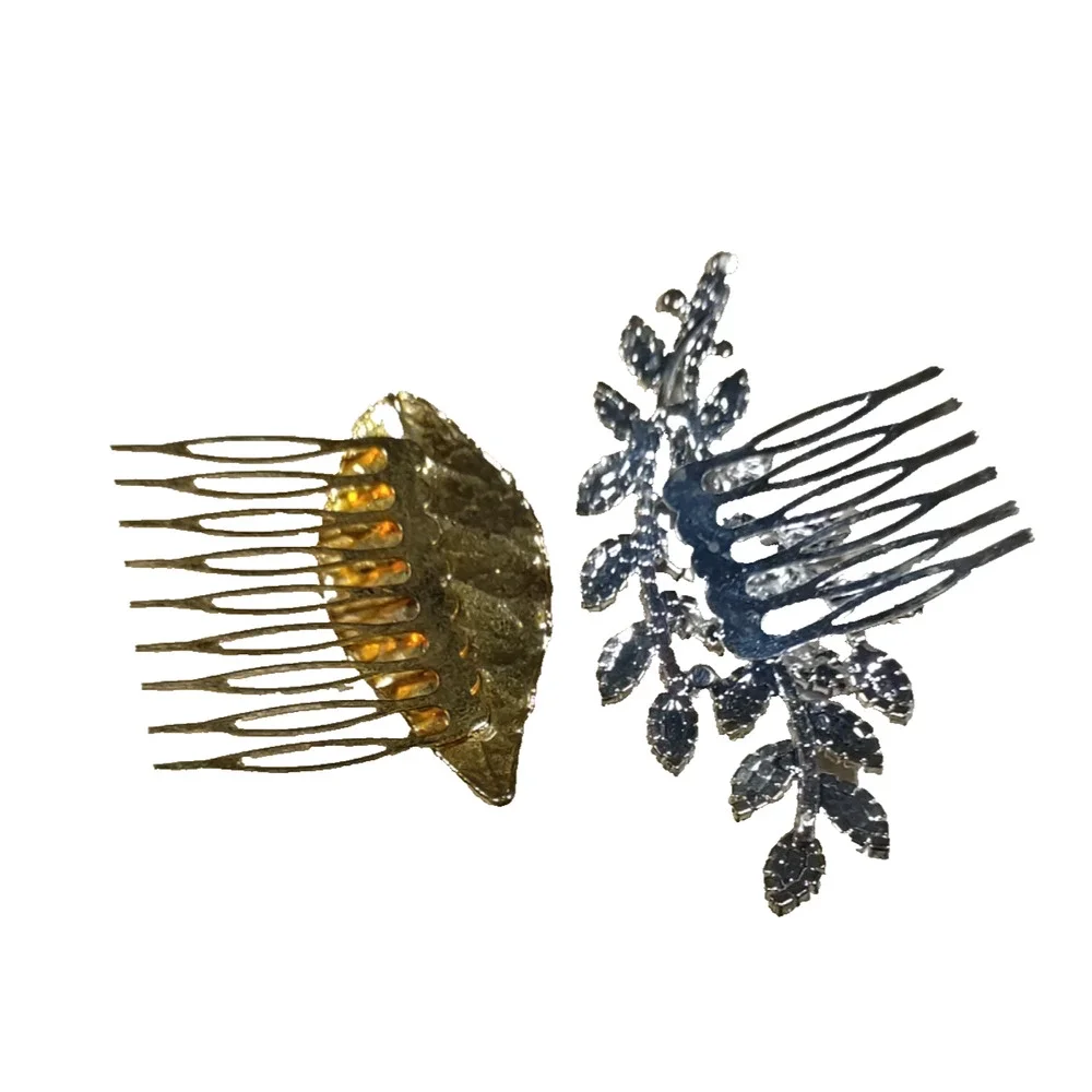Lot Of 2 Hair Comb Barrettes Gold Tone Leaf Rhinestone Silver Tone Comb